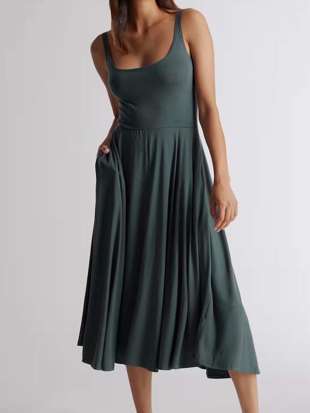 Quince Tencel Jersey Fit & Flare Dress Dark Olive Green